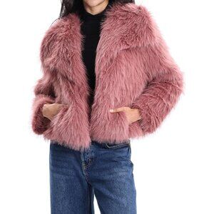 Women's Fuchsia Faux Fur Collar Open Front Long Sleeve Winter Fleece Coat
